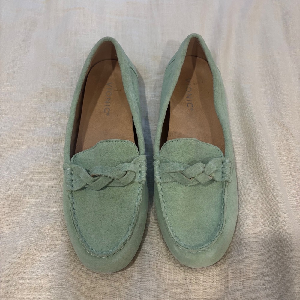 NWOB Vionic Montara Suede Loafers Green Teal Braided Driving Mocs Womens 8 Wide